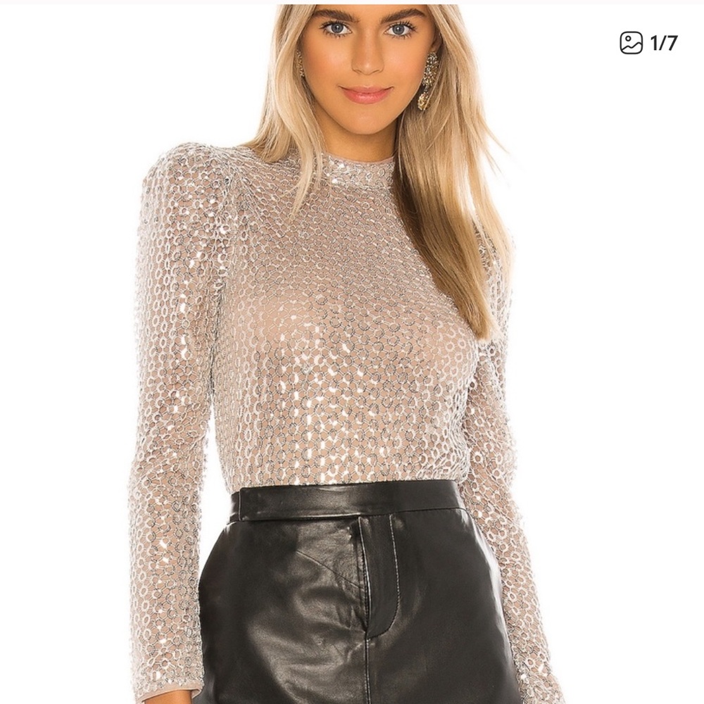 Camila Coelho Metallic Silver Long Sleeve Blouse